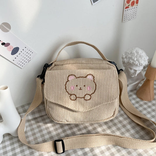 Corduroy Messenger Bag Vintage Cute Crossbody Handbag Embroidery Bear Japanese Flap Pocket Autumn Winter Purse for Student Girls