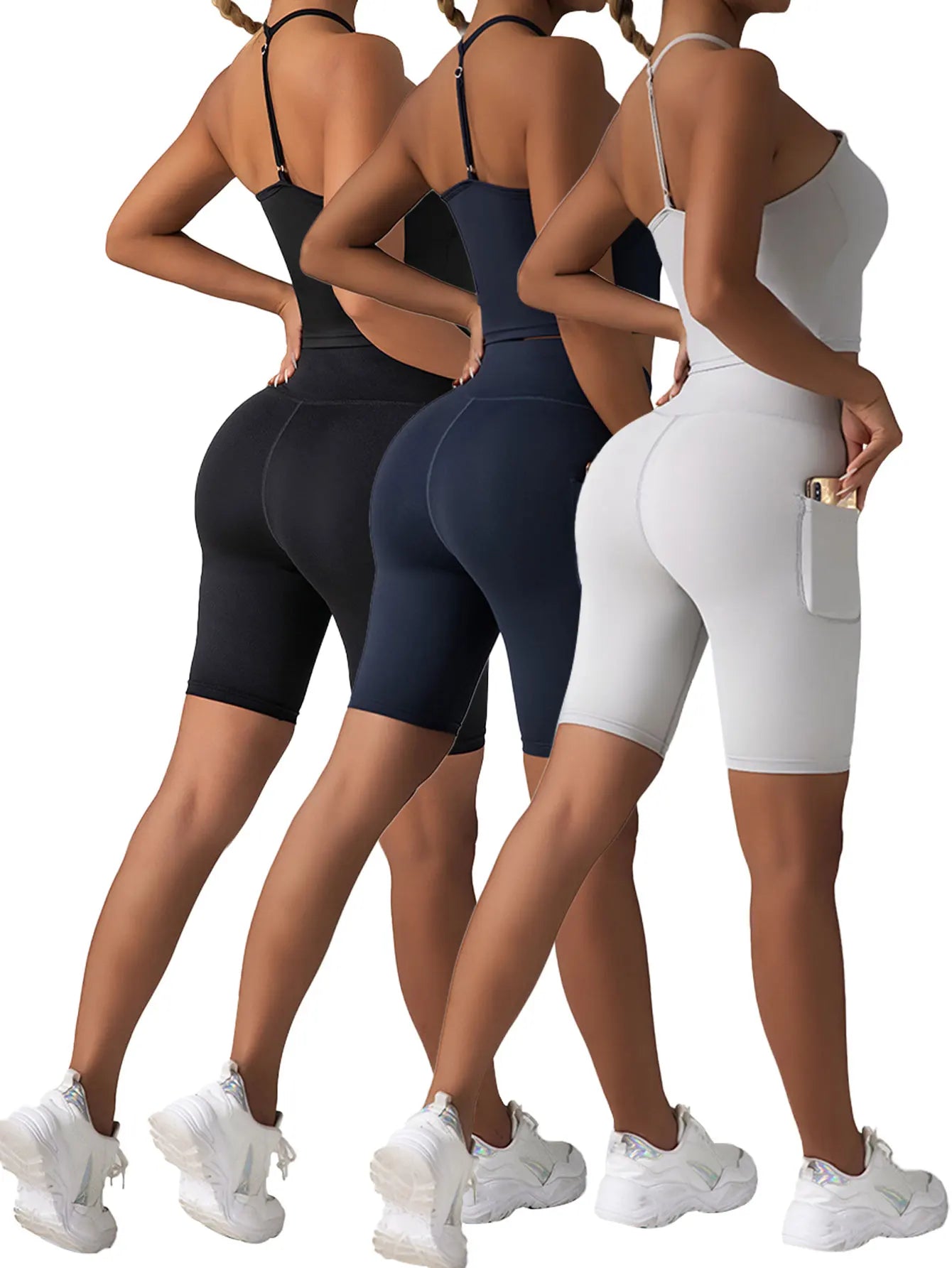3 Pack US Local Women's High Waist Yoga Shorts Tummy Control Fitness Athletic Workout Running Shorts With Deep Pockets