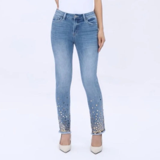 High Waist Women's Slim Straight Jeans Skinny Sequins Tassel Stretch Denim Pencil Pants Vintage Streetwear Trousers