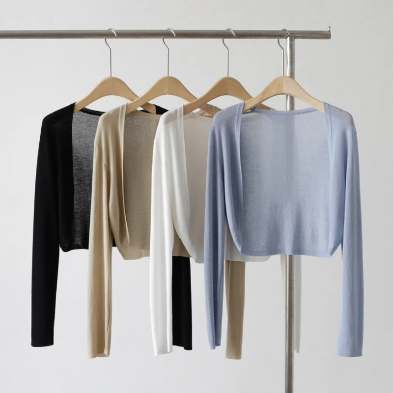 Short Ice Silk Knitted Sun Protection Cardigan Women's Thin Summer Suspender Skirt Layered Gauze Jacket Air-conditioned Cover Up