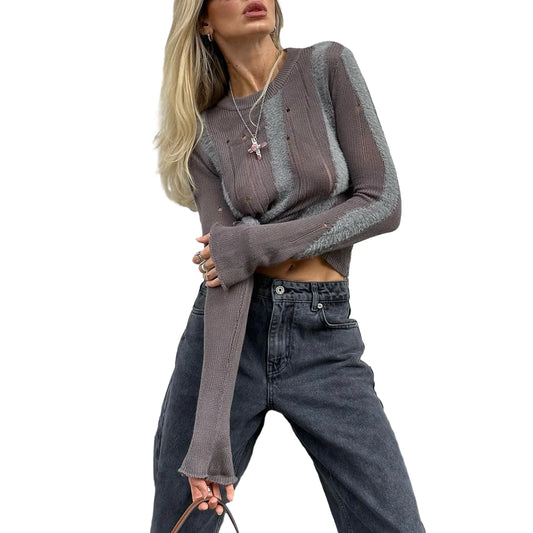 Women  Fit Knit Tops Ripped Patchwork Crew Neck Long Sleeve Knitted Shirts Sweater Pullovers Spring Fall Jumpers Streetwear