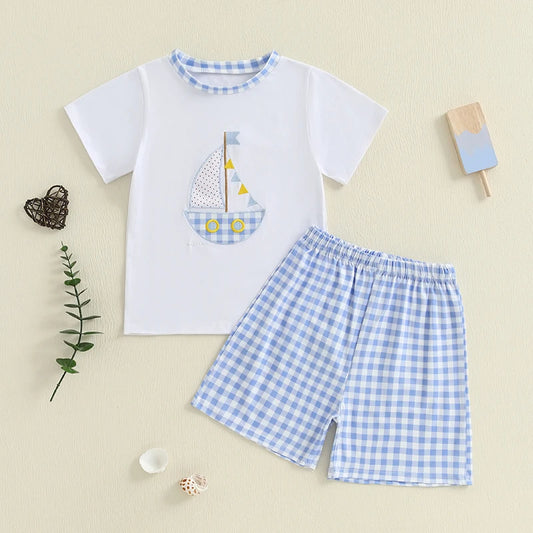 Adorable Infant Boy Nautical Theme Outfit with Anchor Applique Tee and Striped Shorts Set for Summer Fun