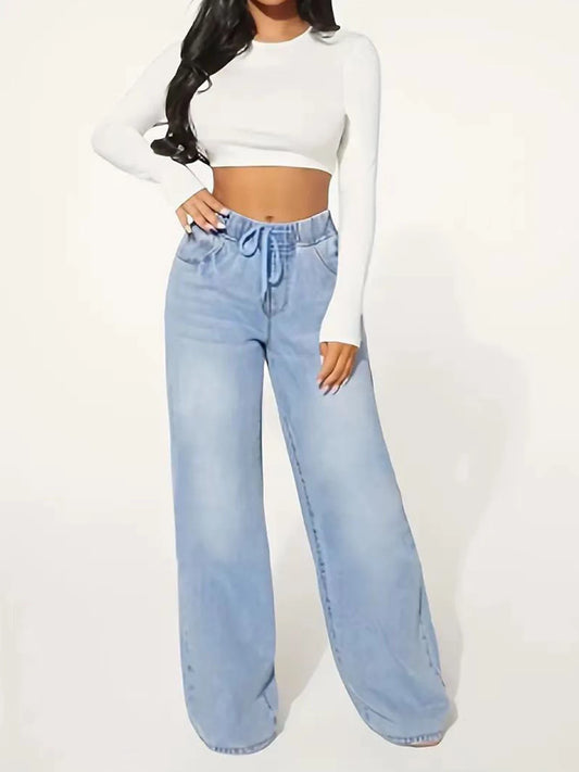 New Women's Fashionable Casual Straight Leg Jeans with Drawstring Washed Denim, Versatile Jeans for Daily Use