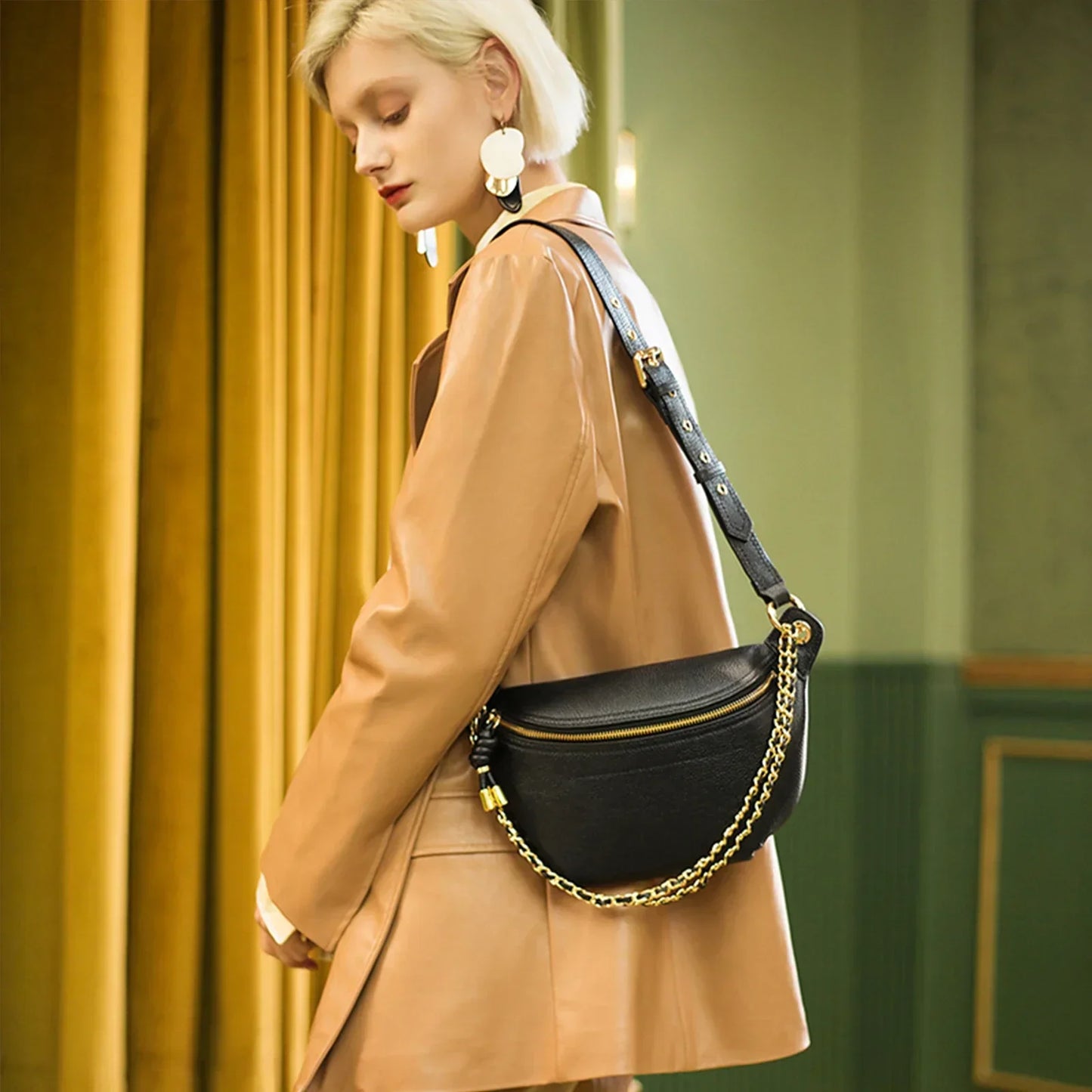 ITAMOOD Women Waist Bag for Phone Storage Fashion Luxury Designer Leather Crossbody Holiday Bag For Sports With Chain Strap