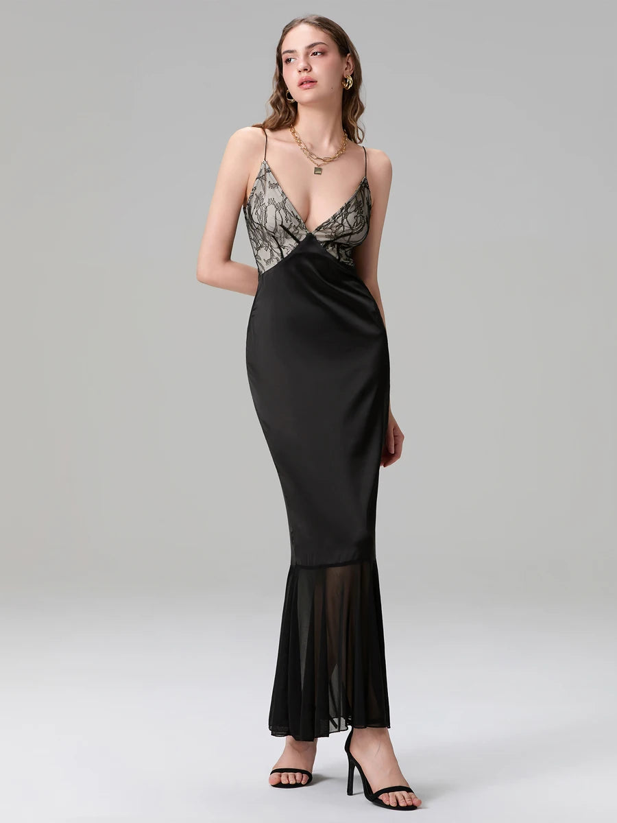 Women’s Elegant Long Slip Dress Sleeveless Spaghetti Strap V-Neck Lace  Fit Fish Tail Dress for Party
