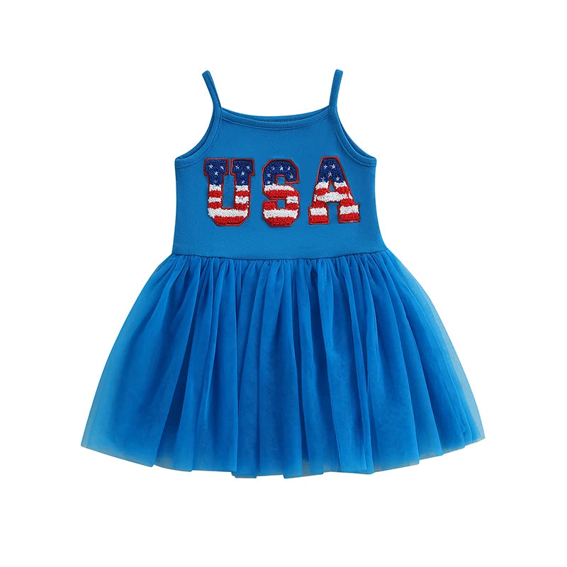 Independence Day Toddler Girl Dress with Embroidered Letters Sleeveless Tulle Patchwork A-Line Dress Perfect for Summer
