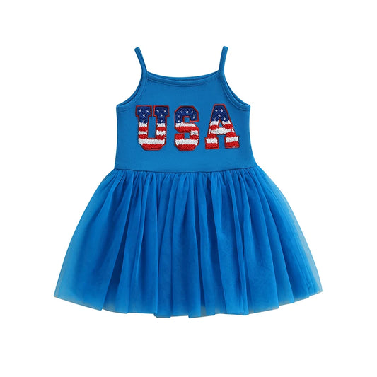 Independence Day Toddler Girl Dress with Embroidered Letters Sleeveless Tulle Patchwork A-Line Dress Perfect for Summer