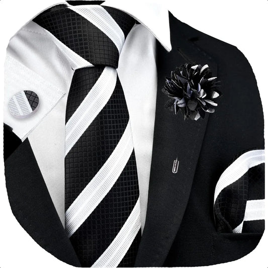 GUSLESON 3.15" 8cm Mens Stripe Tie and Lapel Pin Necktie Hankerchief Cufflinks Set for Men