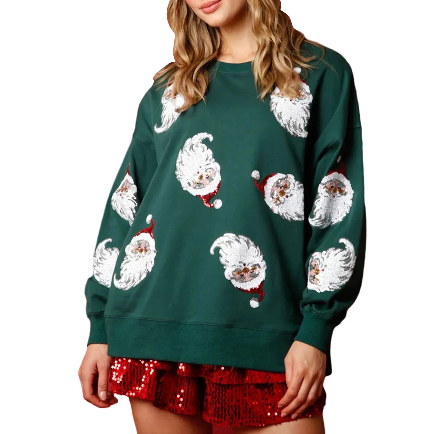 Women’s Crewneck Sweatshirt Loose Santa Claus Sequins Print Long Lantern Sleeve Tops for Christmas