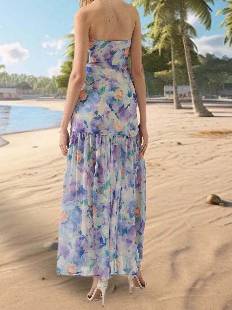 Women s Floral Print Off Shoulder Maxi Dress with Sleeveless Bandeau Top for Summer Beach Vacation