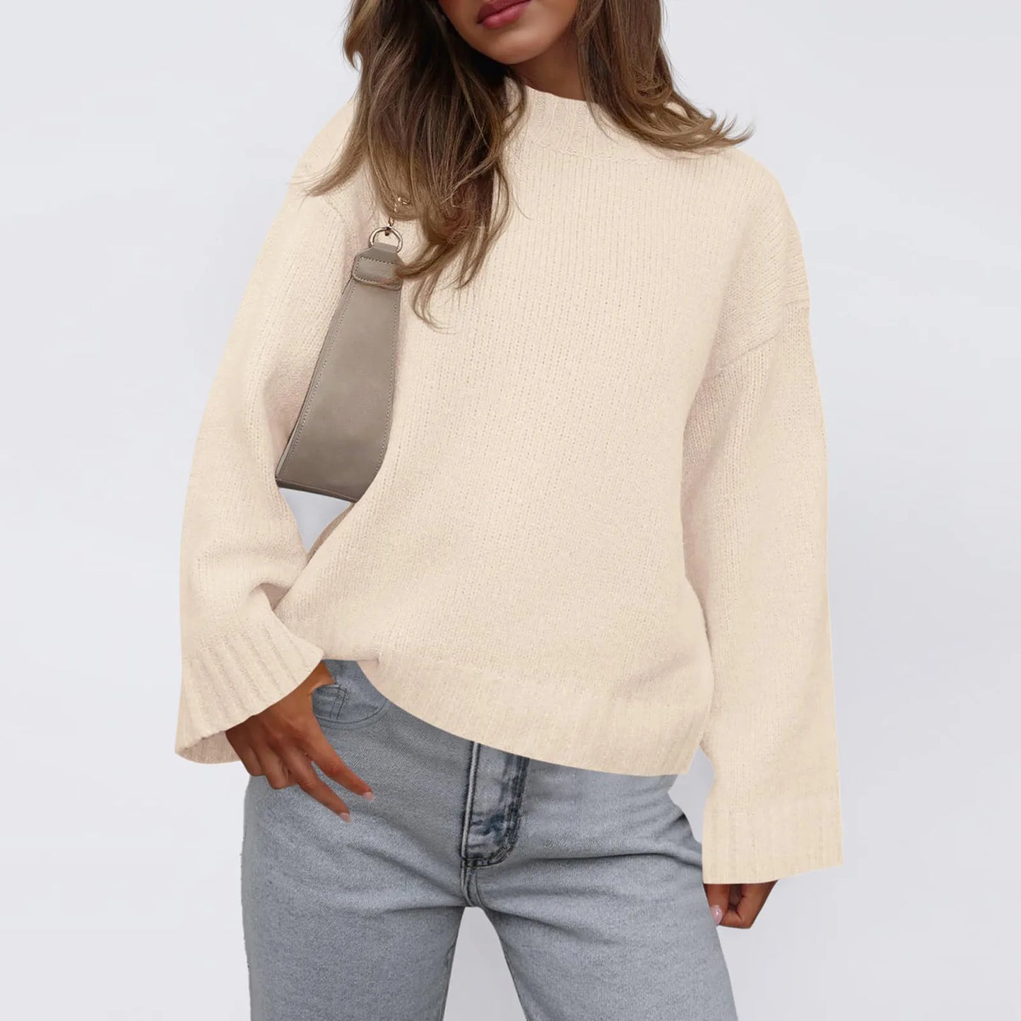 Womens Loose Round Neck Solid Color Bell Sleeve Long Sleeve Knitted Sweater Top Ropa De Mujer Sweater De Mujer Pull Femme