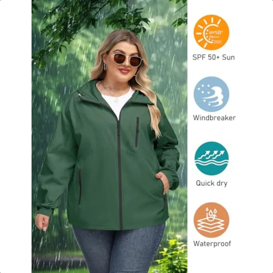 Avoogue Plus Size Womens Rain Jacket with Hood Waterproof Raincoats Lightweight Packable Outdoor Trench Coat XL5XL
