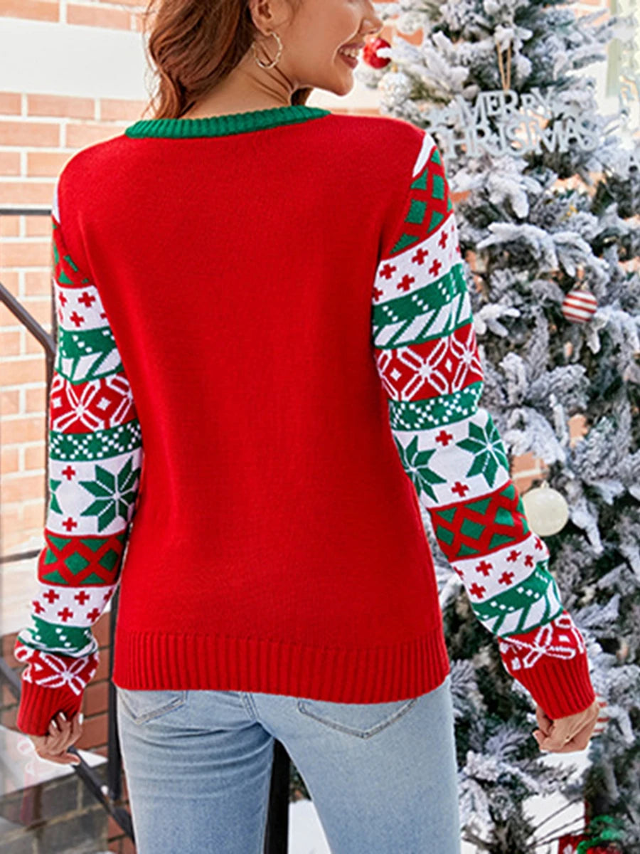 Women s Christmas Tree Sweaters Star Embroidery Long Sleeve Round Neck Pullover Casual Knit Tops