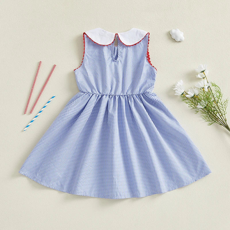 Independence Day Sleeveless Dress with Ruffle Collar and Star Embroidery for Girls Patriotic A-Line Dress Kids Summer Outfit