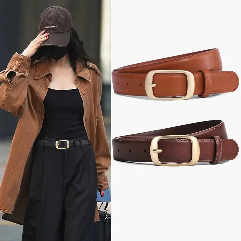 Luxury Genuine Leather Wide Belt Ladies Fashion Simple Matching Jeans Gold Buckle Belt Women 2.8cm Wide Cowhide Brown Belt