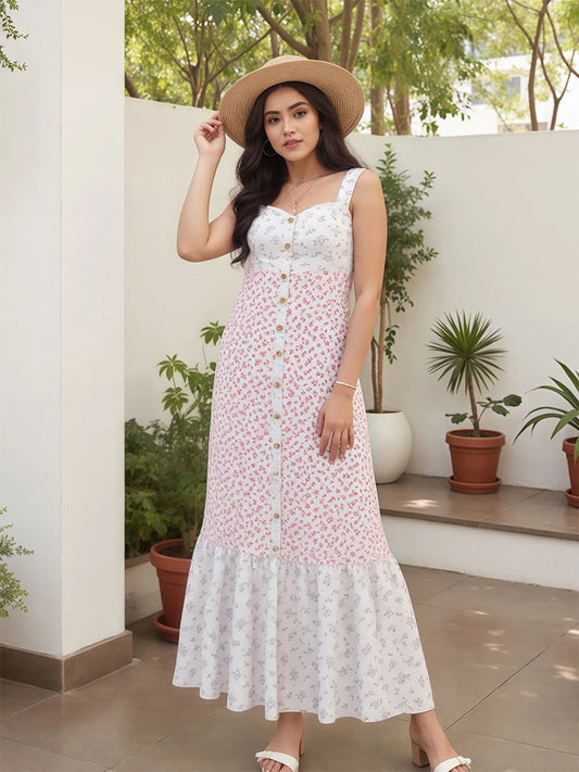 Women V-Neck Maxi Dress Sleeveless Floral Print Summer Dress with Ruffle Hem for Beach Vacation or Evening Party Wear
