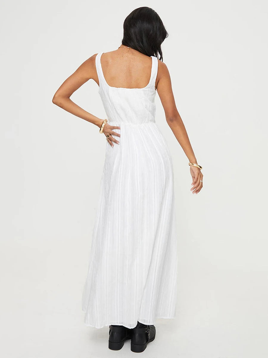 Women’s Sleeveless Long Dress Square Neck Smock Waist Side Zipper Evening Dress for Summer