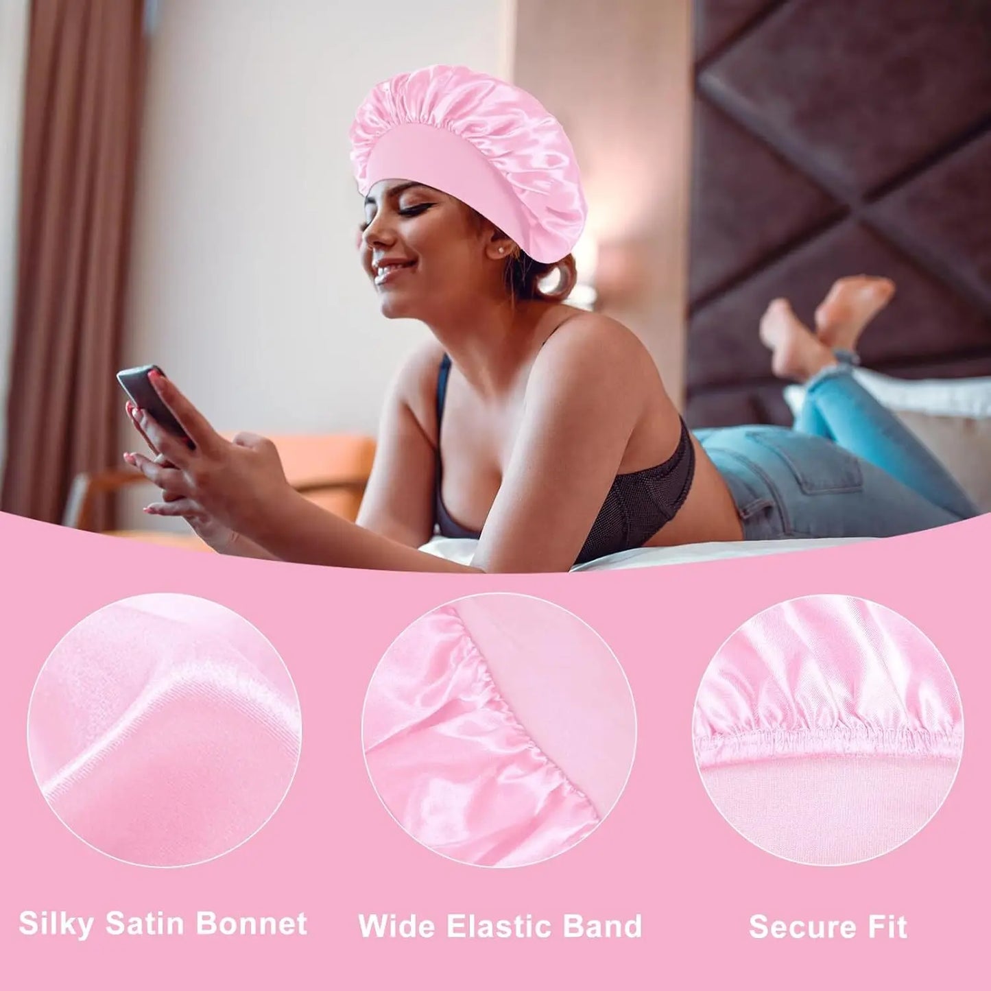 Women Satin Bonnet Night Sleep Cap Hair Hat Silk Head Cover Wide Elastic Band