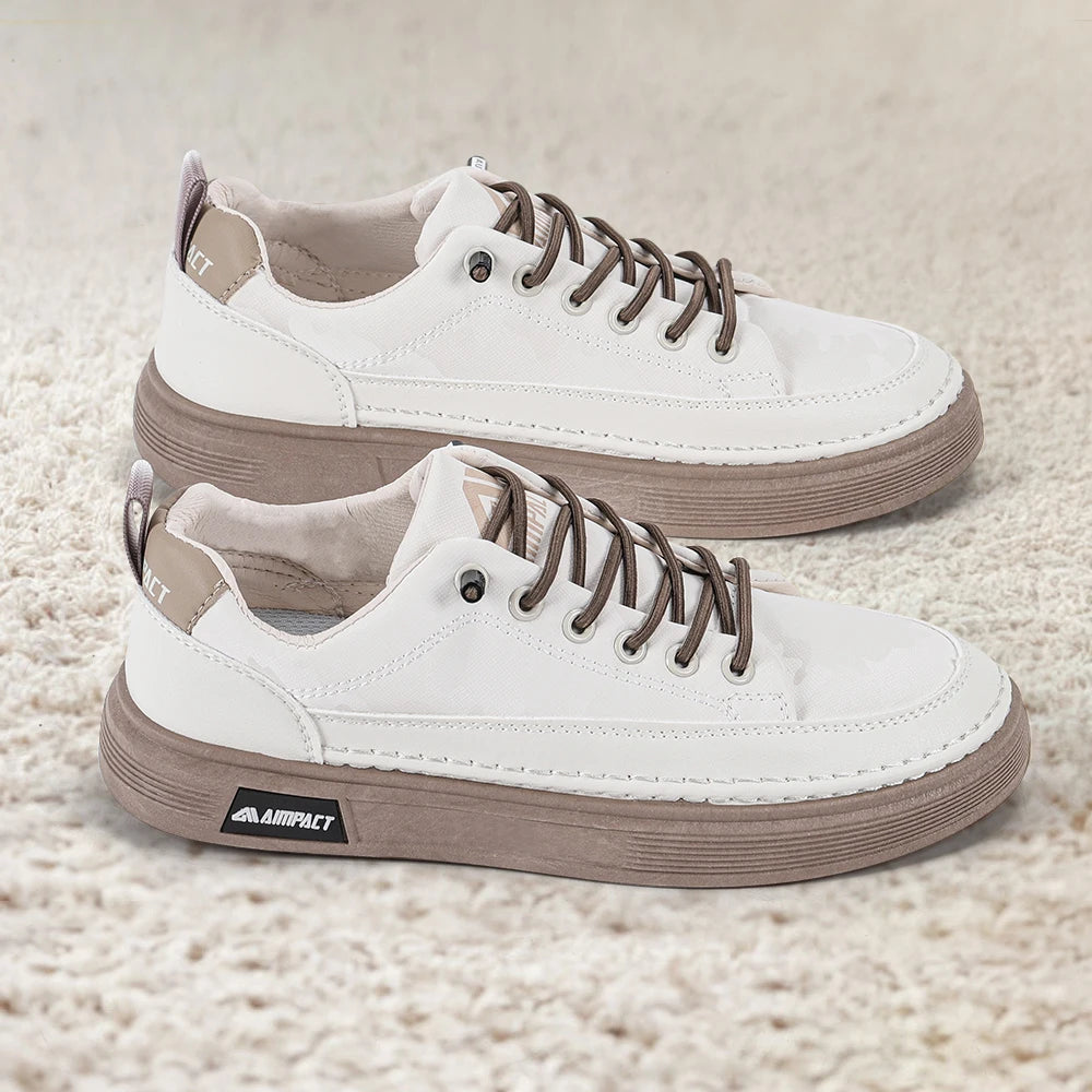 Beige Men's Punk Skate Shoes w/Leather & Canvas, Breathable Elevated Platform Sneakers for Street Fashion & Casual Wear