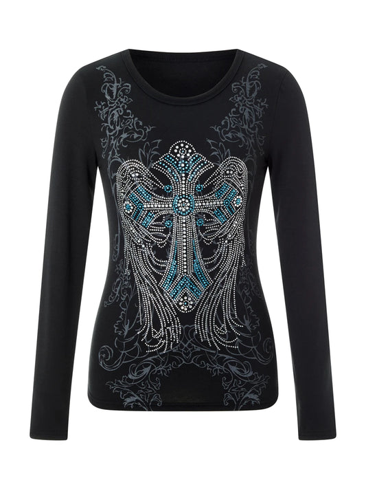 Women’s  Blouse Round Neck Long Sleeve Cross Rhinestone Pattern Tops Clubwear for Spring Summer