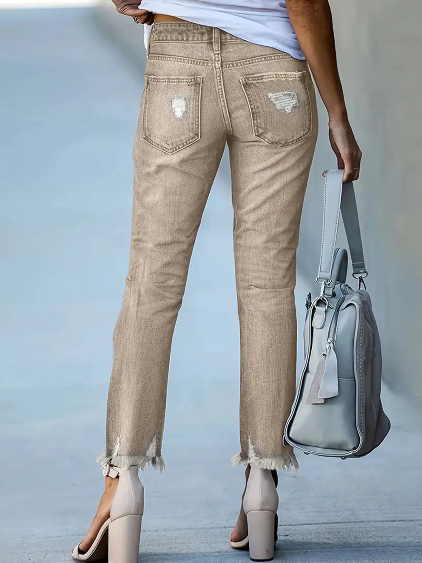 Women's Retro Elastic Distressed Distressed Washed Slim Fit Denim Cropped Pants, Street Style, Suitable for Daily Wear