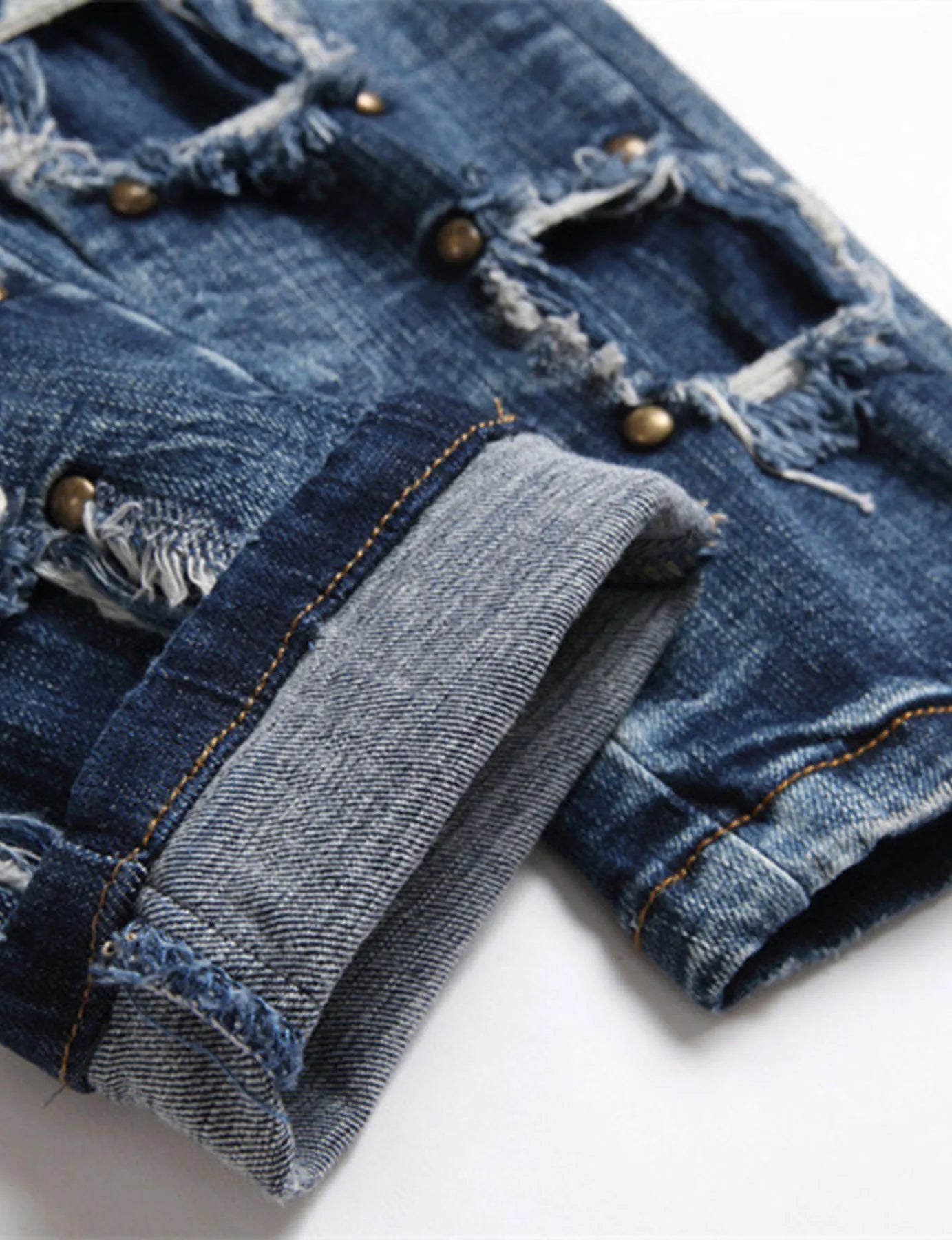 Men`s Steampunk Rock Hip Hop Rivet comfortable Patchwork Beggar stretch Washed Denim Street Fashion Casual Jeans pants