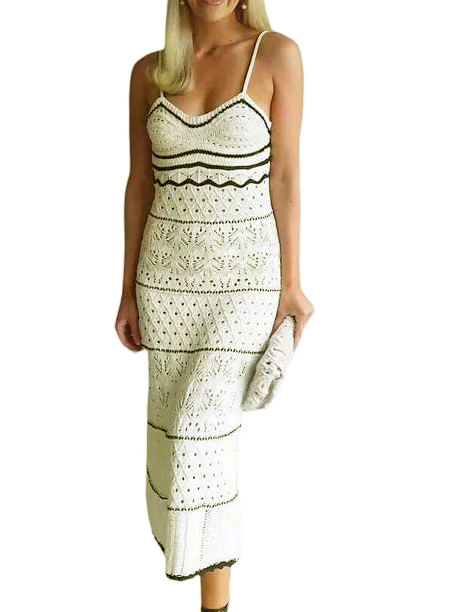 Women Knitted Sleeveless Dress Contrasting Color Summer Spaghetti Strap V Neck Party Dress for Beach Streetwear