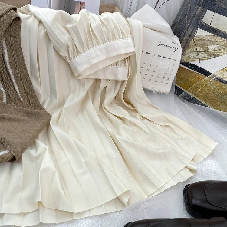 2025 Women Elegant Pleated Skirt High Waist Women Mid-long Skirt Female Ladies High Quality Women Midi Skirt Black Saia