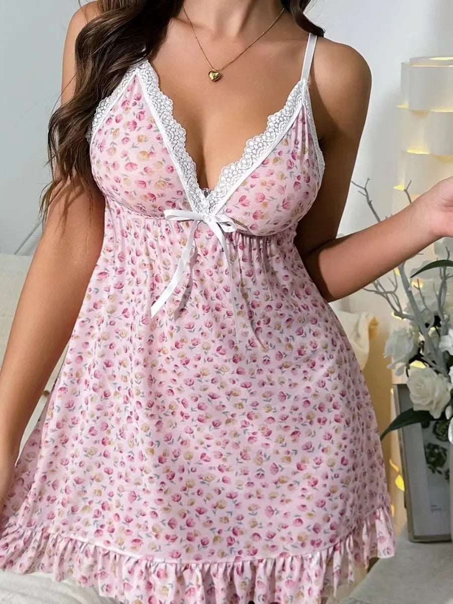 New French Style Fragmented Flowers V-neck Sling Camisole Dress Elegant Cute Girl Backless Loose Leisure Women Summer Dresses 6Z