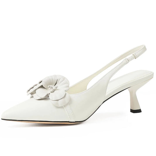 GIGIFOX Flower Kitten High Heel Sandals For Women Pointed Toe Elastic Band Pull-on Slingback Pumps Elegant INS All-Match Sandals
