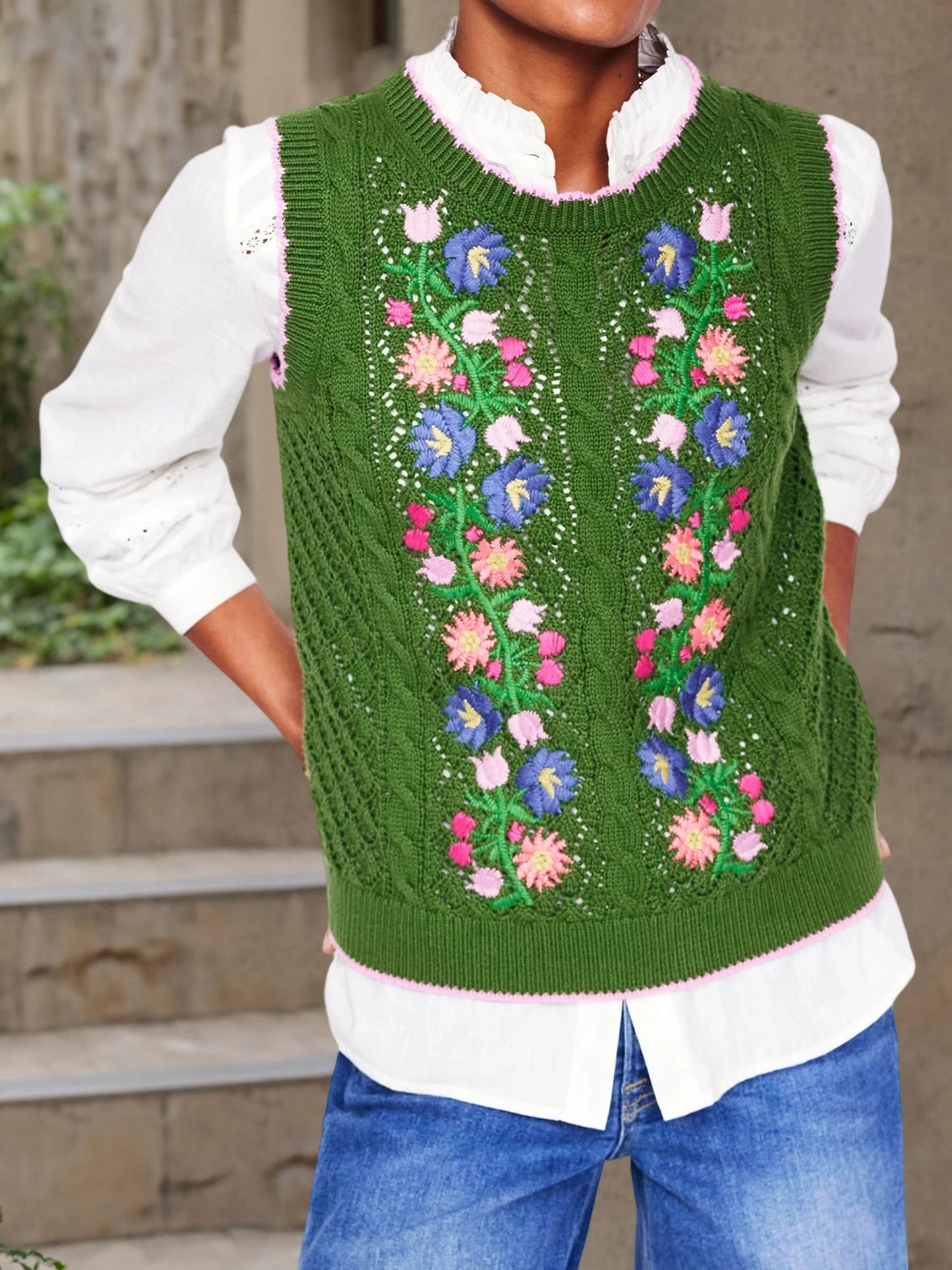 Women s Sleeveless Knit Sweater Vest with Floral Embroidery Cozy Crew Neck Tank Top Stylish Knitted Sleeveless Pullover