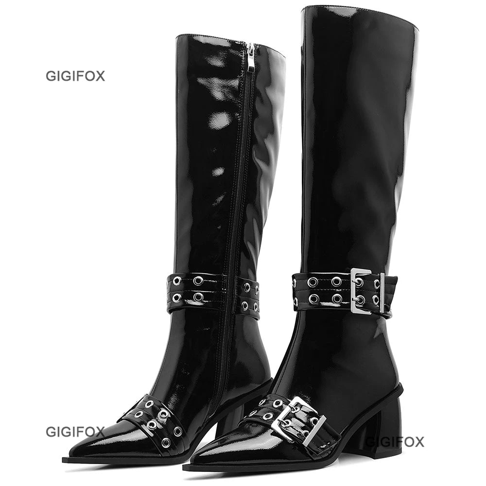 GIGIFOX Pointed Toe Women Zipper Knee-high Boots Chunky High Heel Patent Leather Metal Buckle Shoes Punk Fashion Boots For Woman