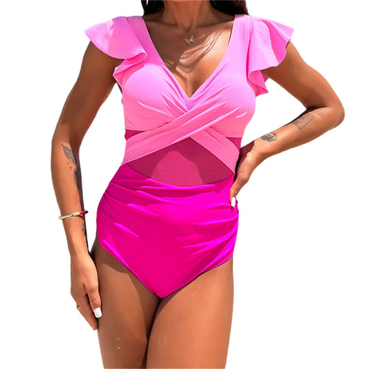 Women s  Swimsuit with Front Cross Design and Ruffled Sleeves V Neck Quick-Drying Bathing Suit for Beach