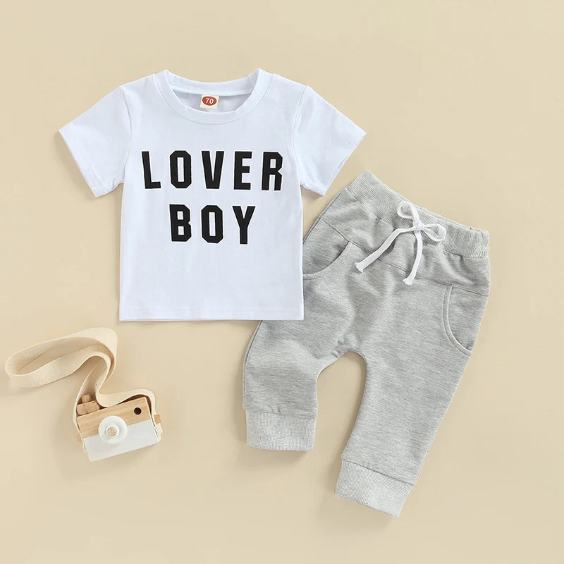 Boys 2-Piece Set with Short Sleeve Letter Print T-Shirt and Solid Color Long Pants Round Neck Tee and Trouser Outfit