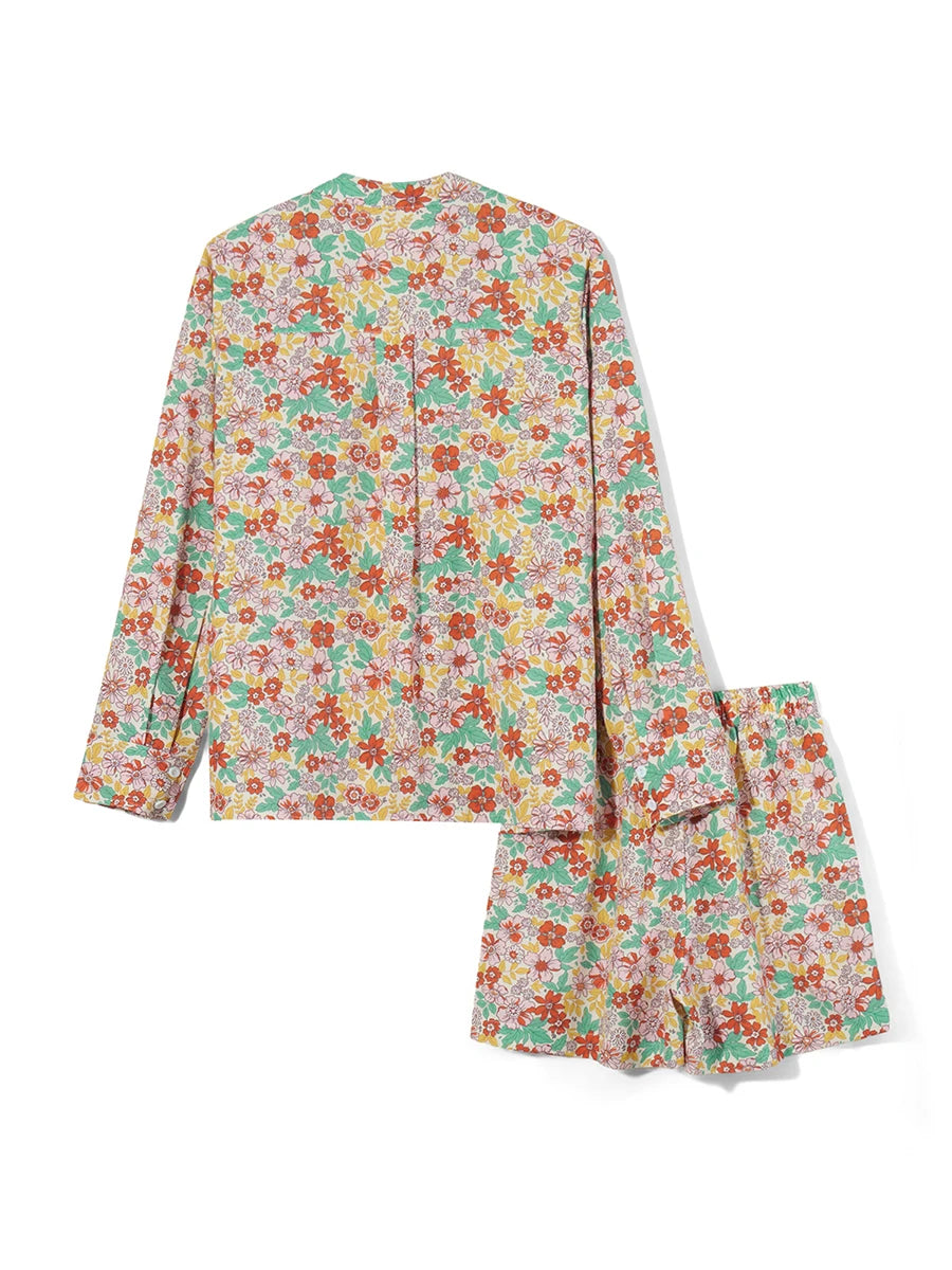 Women s 2 Piece Pajama Set Long Sleeve Button Up Floral Tops Drawstring Shorts Sleepwear Sets