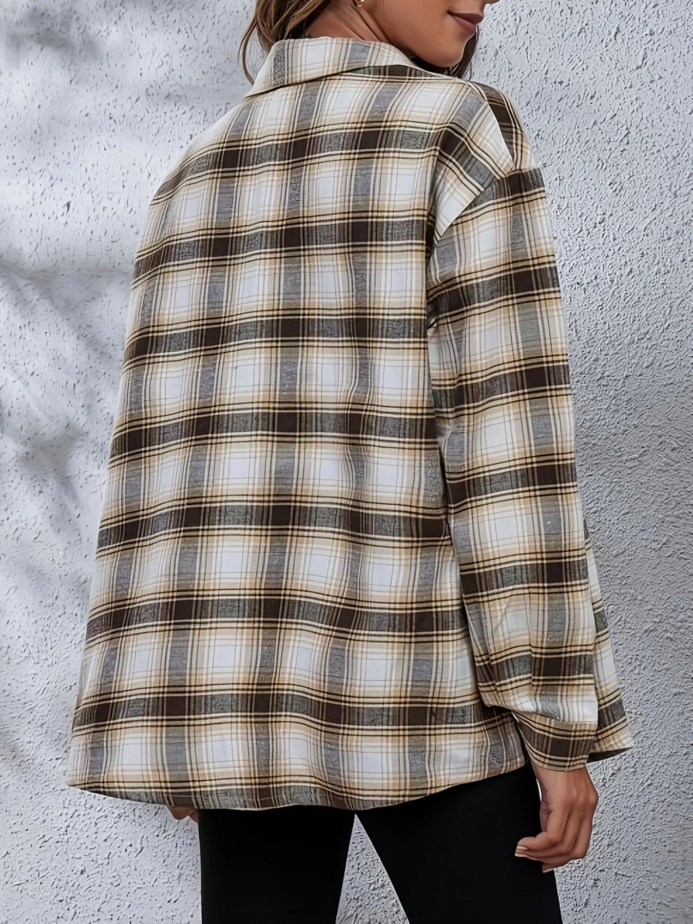 Women's Plus Size Fashionable Checkered Printed Shirt Long Sleeved Lapel Button Casual Commuting Shirt