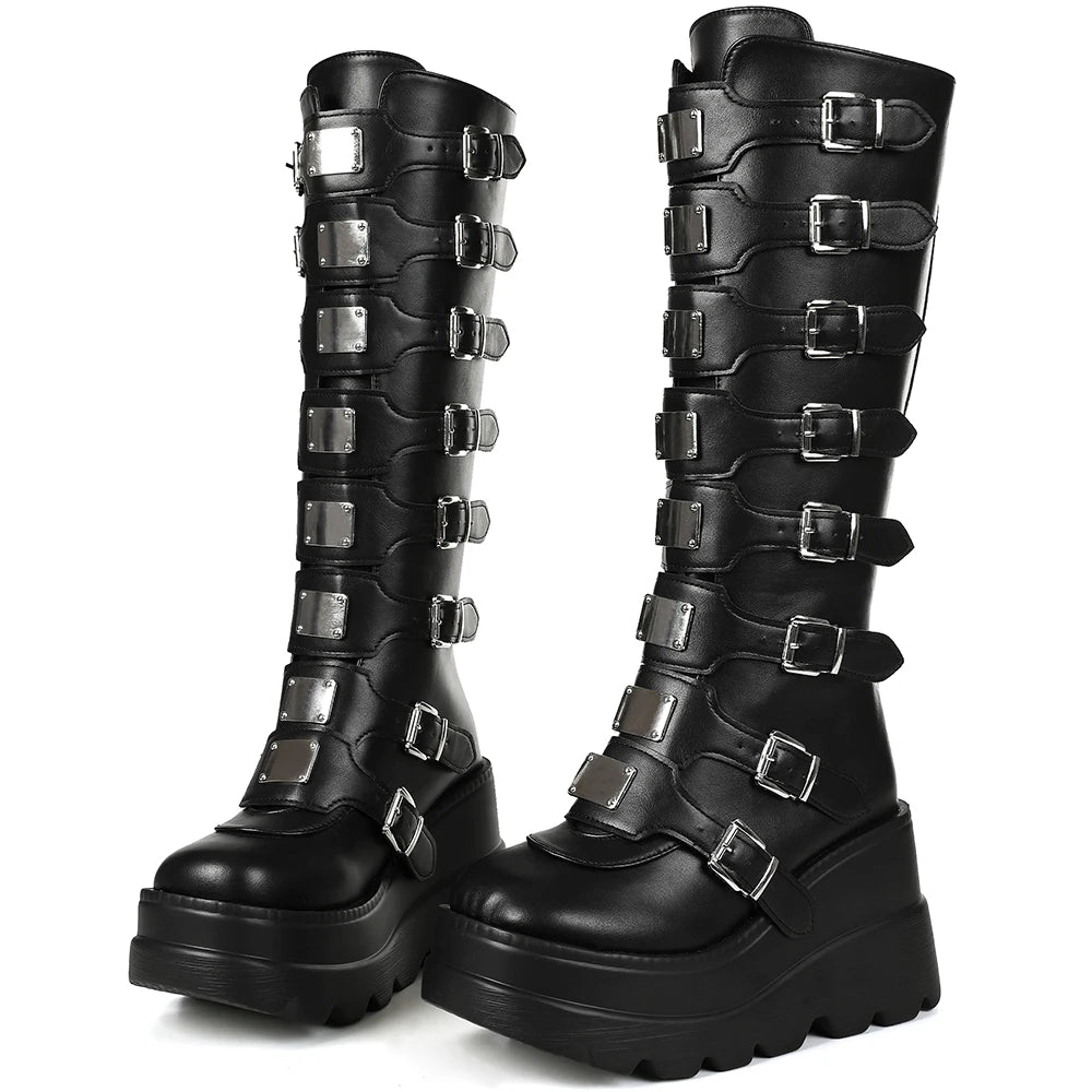 GIGIFOX Goth Metal Buckle Combat Mid-Calf Boots For Women Round Toe Platform Chunky High Wedges Cool Fashion Motorcycle Boots