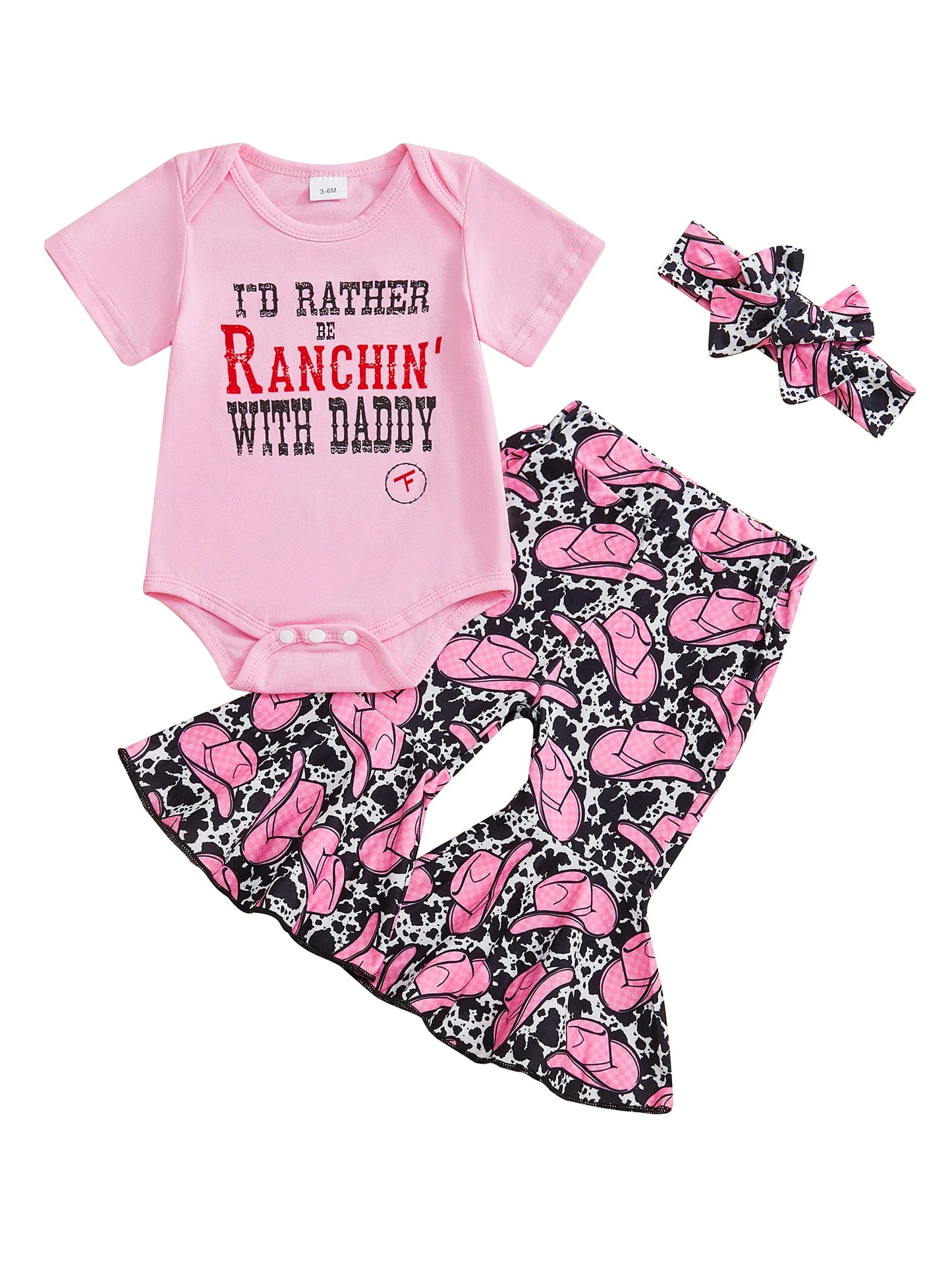 Adorable Toddler Cowgirl Costume with Western Print Romper Flared Pants and Matching Headband - 3 Piece Set for Country Style