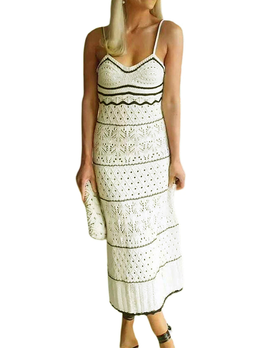 Women Knitted Sleeveless Dress Contrasting Color Summer Spaghetti Strap V Neck Party Dress for Beach Streetwear