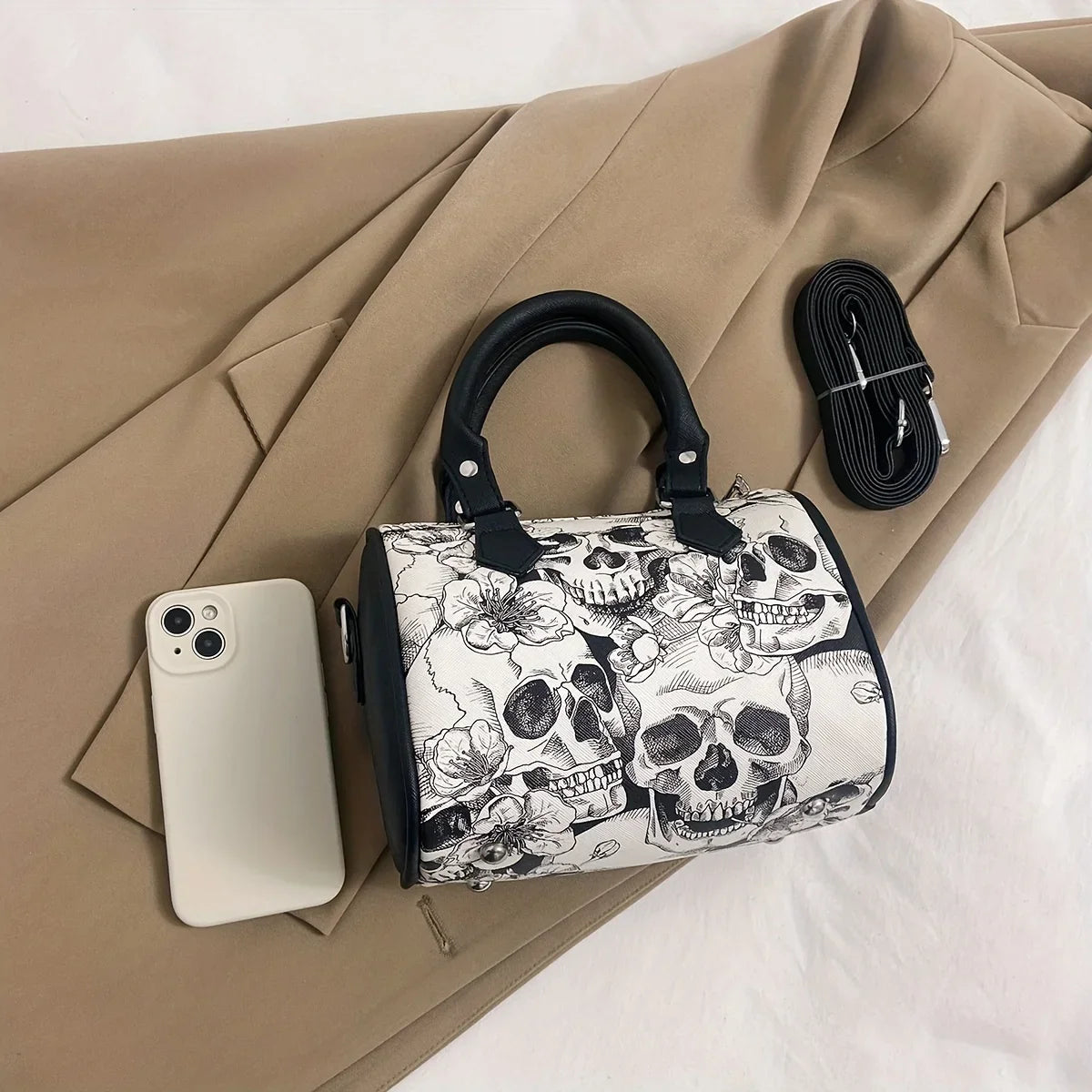 Flower Skull Print Handbag, Halloween Party Ghost Boston Bag, Trendy Small Crossbody Purse