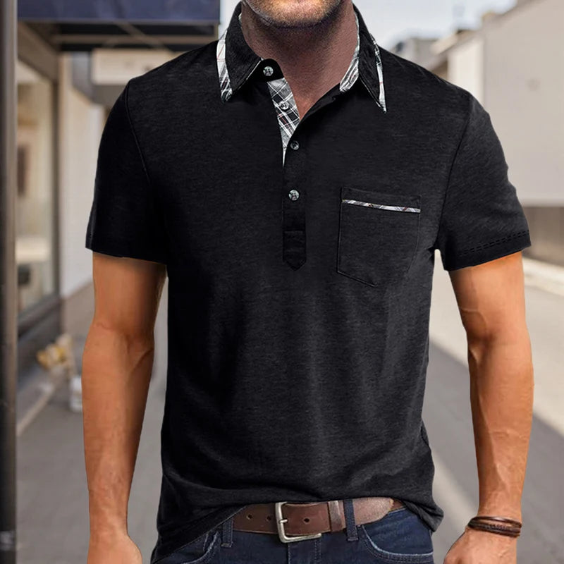 Men s Casual Short Sleeve Shirt Regular Fit Plaid Trim Half Button-up Lapel Neck Top Summer Clothing Collection