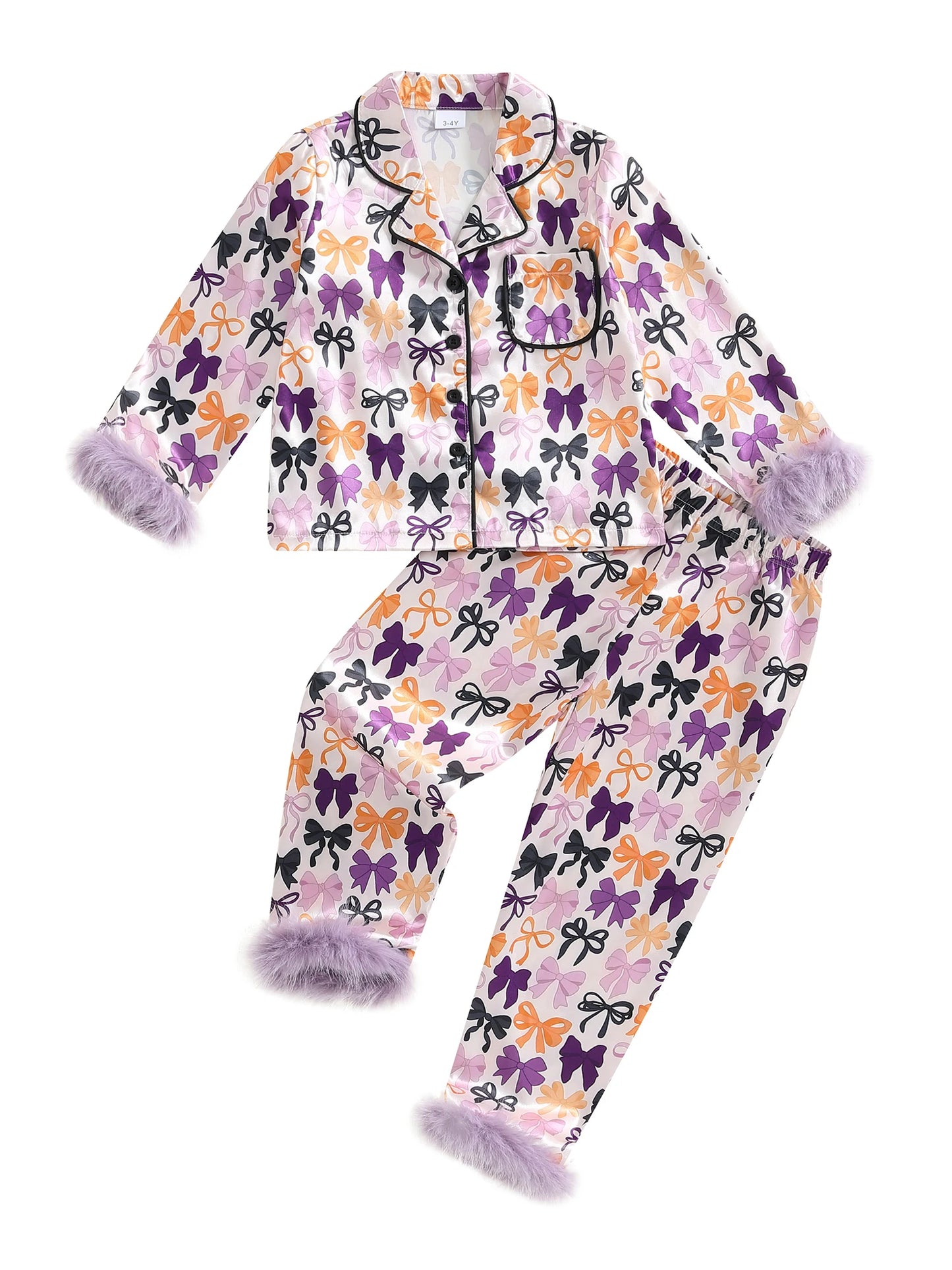 Kids Halloween Satin Pajama Set with Bow Print Long Sleeve Lapel V Neck Top and Pants Sleepwear for Toddlers
