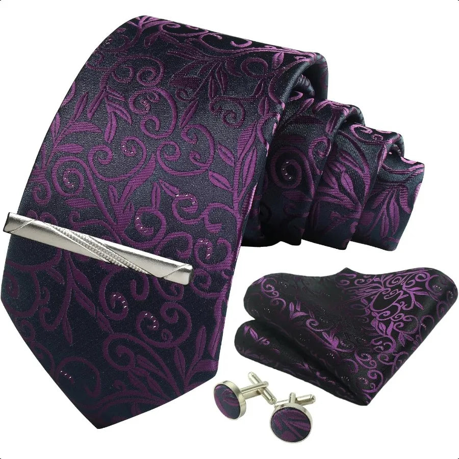 Paisley Floral Mens Tie Formal Necktie Pocket Squares Ties Clips Cufflinks Classic for Men Set