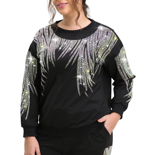 Plus Size Sweatshirt Sparkling Rhinestones Graphic Crew Neck Pullover Long Sleeve Top for Spring, Fall and Winter Casual