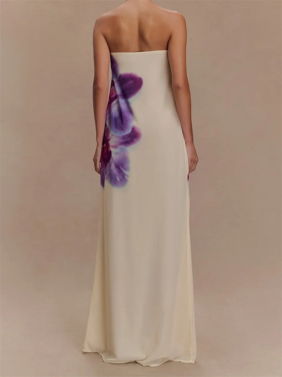 Women Long Dress Floral Print Tube Dress Summer Fashion Backless Casual Strapless Dress