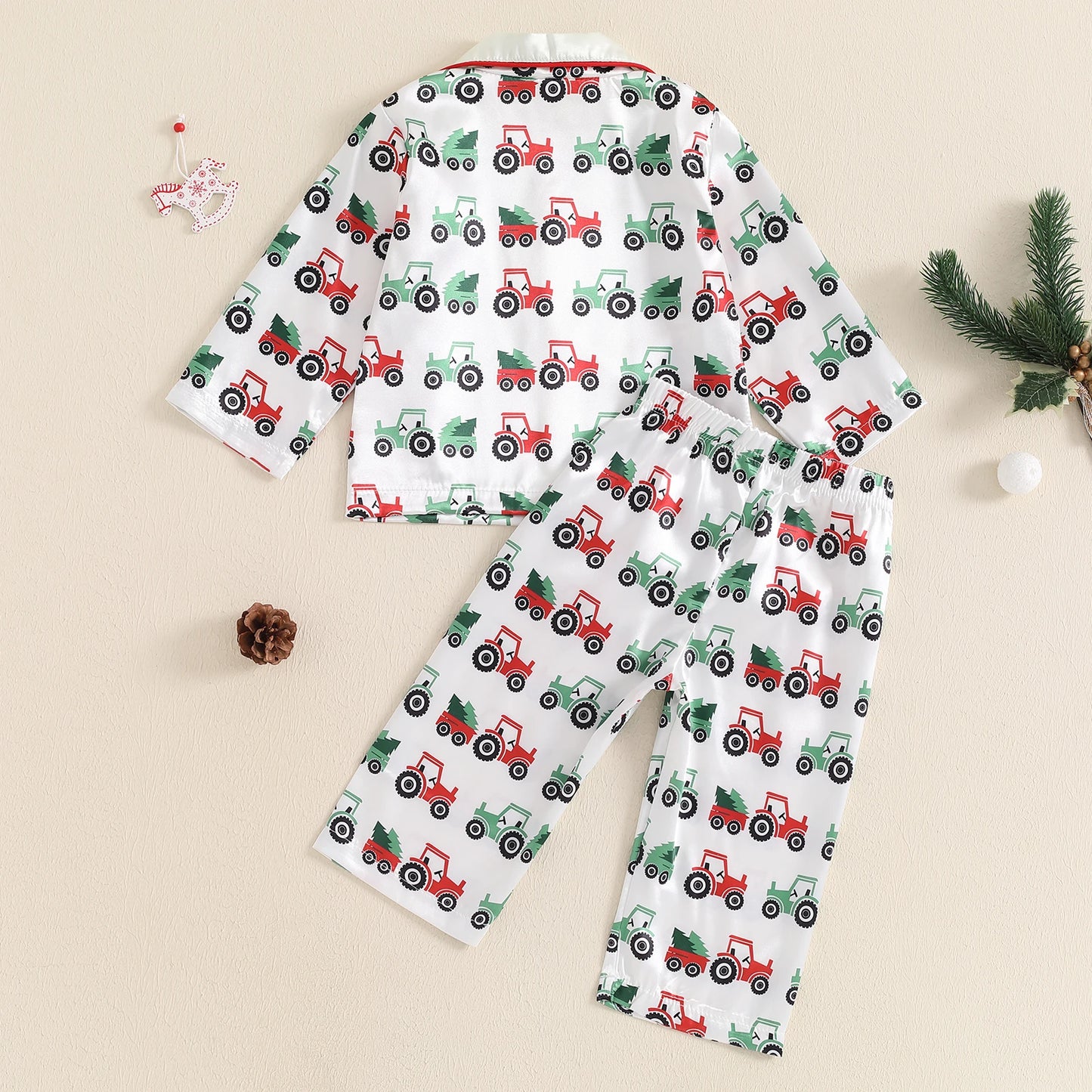 Toddler Boy Satin Pajama Set Tractor Print Long Sleeve Button Down Tops Elastic Waist Pants 2 Piece Set for Fall