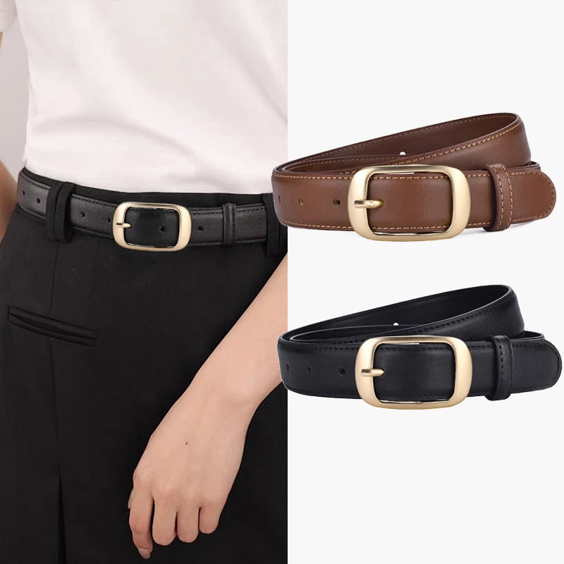Luxury Genuine Leather Wide Belt Ladies Fashion Simple Matching Jeans Gold Buckle Belt Women 2.8cm Wide Cowhide Brown Belt