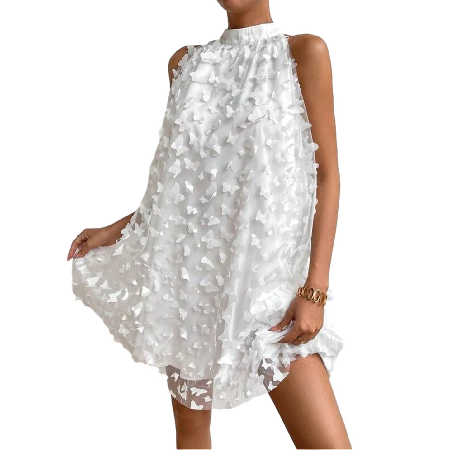 Elegant Lace Embroidered Sleeveless Halter Neck Dress with Floral Appliques and Mesh Overlay for Summer Cocktail Party