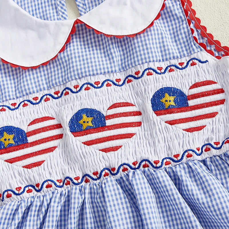 Independence Day Sleeveless Dress with Ruffle Collar and Star Embroidery for Girls Patriotic A-Line Dress Kids Summer Outfit