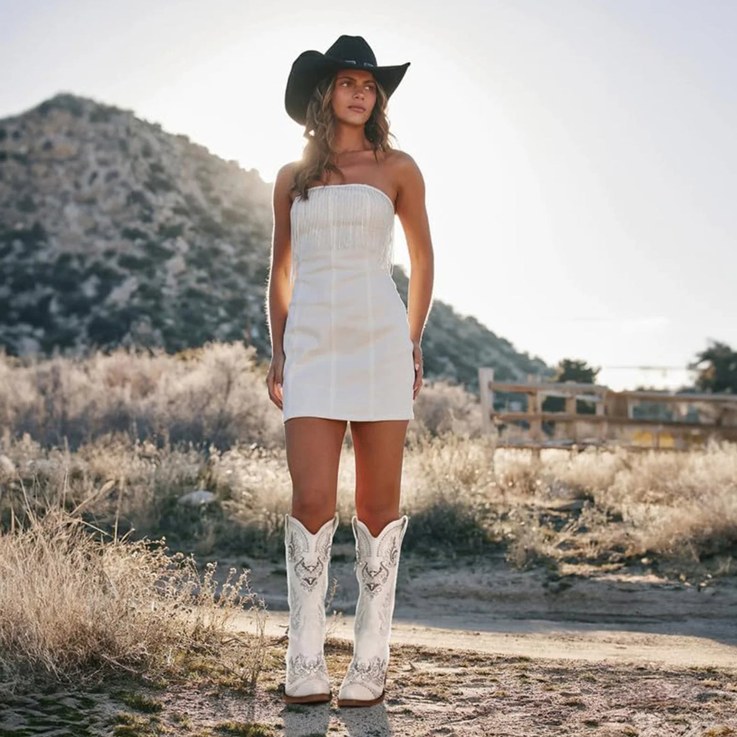 Cowboy Boots for Women - Wide Calf Knee High Western Cowgirl Boots, Sparkly Rhinestone Retro Country Boots White